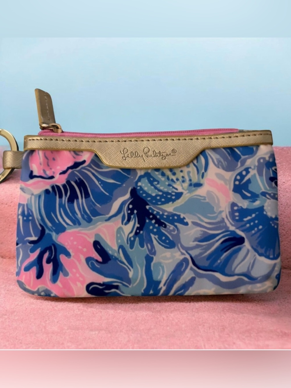 Lilly Pulitzer Pink, Blue & Gold Floral Card/ID Holder Keychain